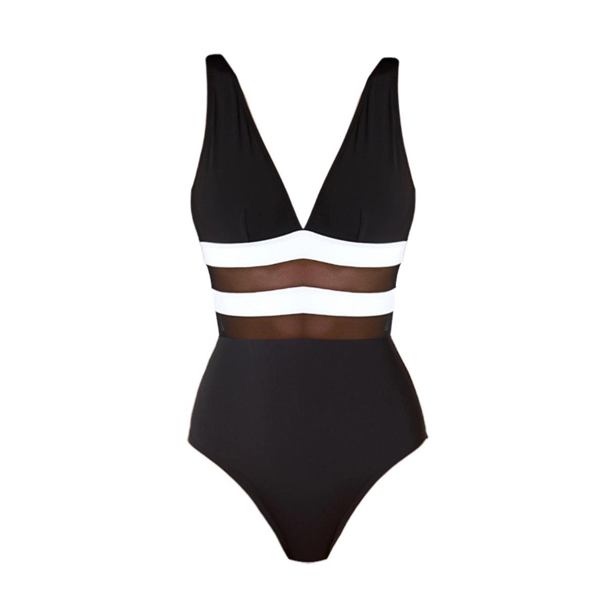 Sexy Black and White Contrast Mesh Spliced Bikini Set for Women, Cross-Over DesignStyle Swimwear