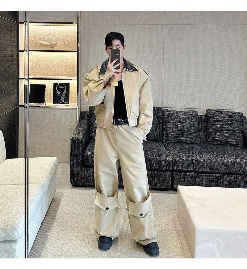 Men's Casual Cropped Collar Leather Patch Jacket & Wide Leg Cargo Pants 2-Piece Set