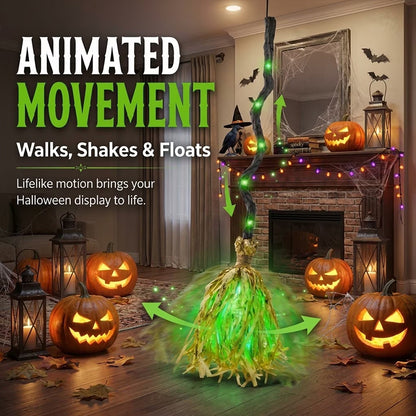 Glowing Witch Broom with Sound Effects – Auto Bouncing Halloween Decor, Haunted House Party Prop, Indoor Decoration Gift