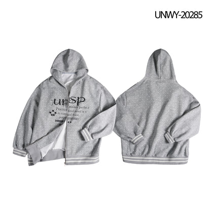 Polka Dot Striped Letter Star Print Hooded Zip-Up Loose Casual Streetwear Cardigan Jacket