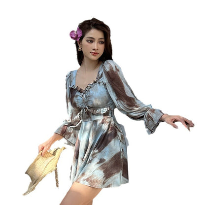Swimwear Women Plus Size Big Bum Slimming Tummy Coverage Conservative Girl One-Piece Dress Long Sleeve Hot Spring