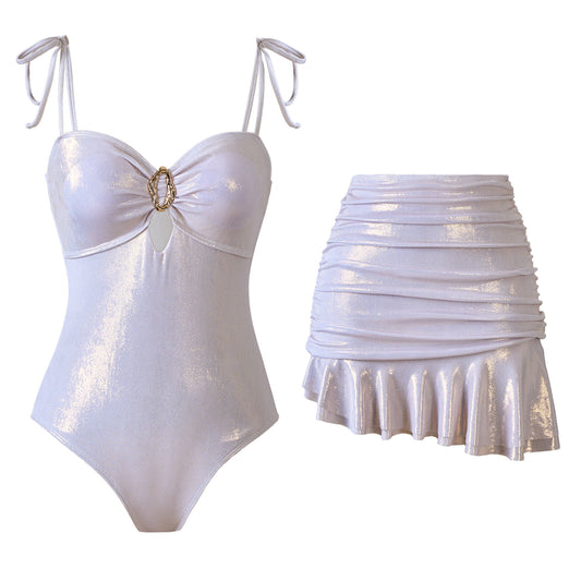 Sexy Fitted Fashion Design One-Piece Swimsuit for Women with Shiny Skirt Swimwear Set