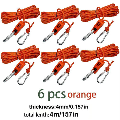 4M 6Pcs Reflective Tent Rope Set – Camping Guy Lines with Tension Buckles, Ratchet Hangers & Awning Tie-Downs, Outdoor
