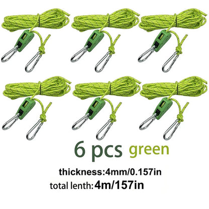 4M 6Pcs Reflective Tent Rope Set – Camping Guy Lines with Tension Buckles, Ratchet Hangers & Awning Tie-Downs, Outdoor