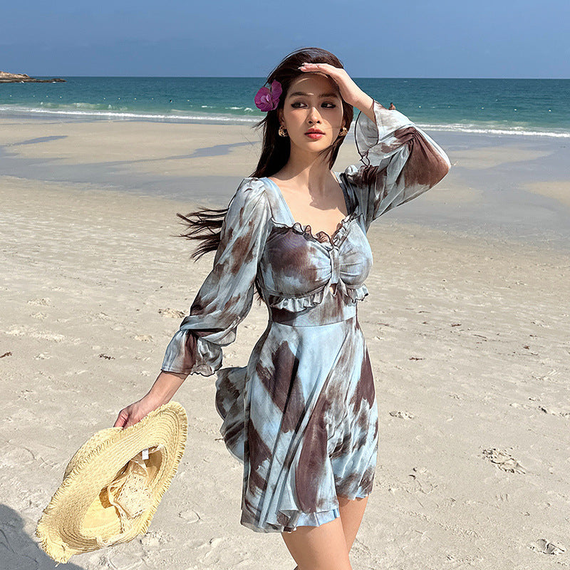 Swimwear Women Plus Size Big Bum Slimming Tummy Coverage Conservative Girl One-Piece Dress Long Sleeve Hot Spring