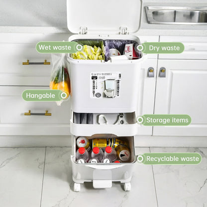 42L Kitchen Trash Can 3 Compartments with Pedal & Wheels, Recycling Bin