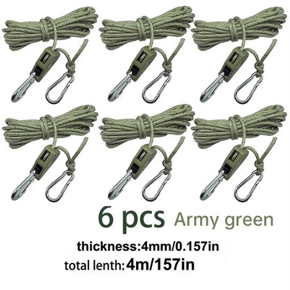 4M 6Pcs Reflective Tent Rope Set – Camping Guy Lines with Tension Buckles, Ratchet Hangers & Awning Tie-Downs, Outdoor