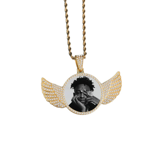 Custom-Made, Ships in 1-2 Days diamond studded hip-hop memory angel wings circular photo pendant frame necklace