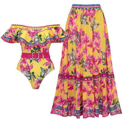 Fashion Sexy Two-Piece Swimsuit for Women with Chiffon Skirt and Vintage Print Swimwear Set