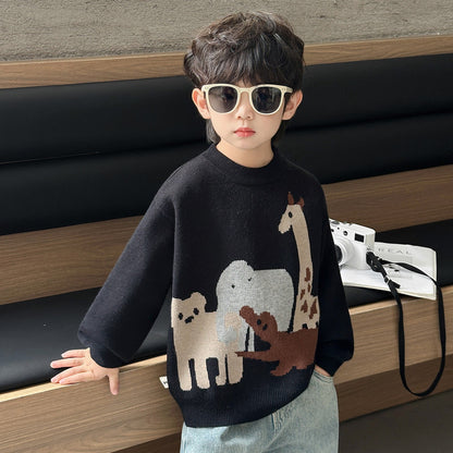Kids Animal Print Knit Sweater Winter Thickened Long Sleeve Top
