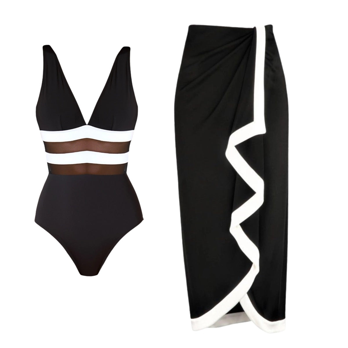 Sexy Black and White Contrast Mesh Spliced Bikini Set for Women, Cross-Over DesignStyle Swimwear