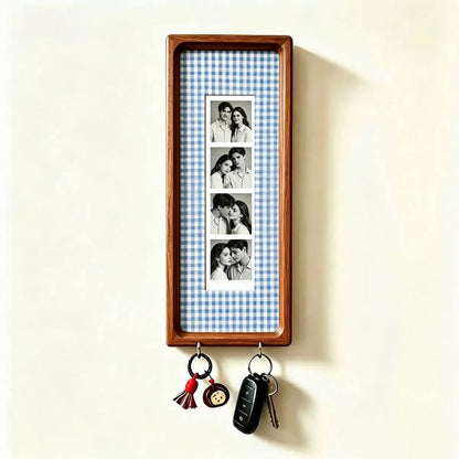 Wooden Couple Photo Frame with Key Hooks – Wall Hanging Picture Frame, Vintage Stripes Key Rack, Anniversary Gift
