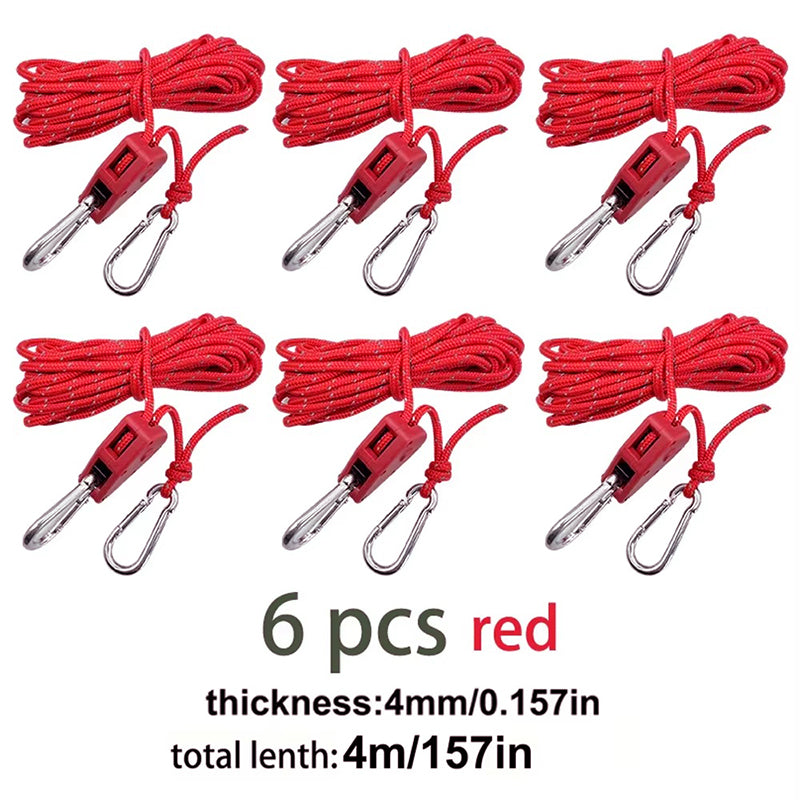 4M 6Pcs Reflective Tent Rope Set – Camping Guy Lines with Tension Buckles, Ratchet Hangers & Awning Tie-Downs, Outdoor