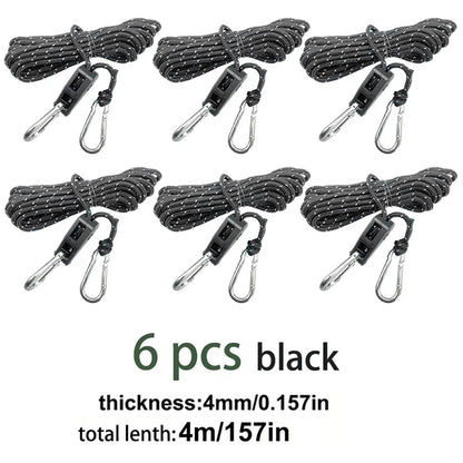 4M 6Pcs Reflective Tent Rope Set – Camping Guy Lines with Tension Buckles, Ratchet Hangers & Awning Tie-Downs, Outdoor