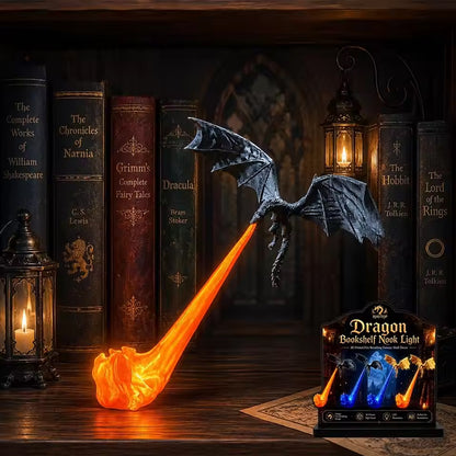 3D Dragon Bookshelf Light with Fire – LED Flying Dragon Bookend, Corner Lamp, Unique Gift for Book Lovers & Halloween Decor