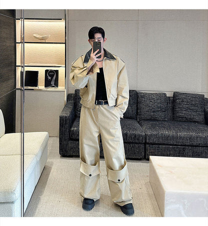 Men's Casual Cropped Collar Leather Patch Jacket &amp; Wide Leg Cargo Pants 2-Piece Set