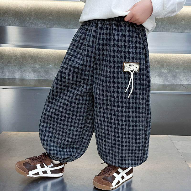 Boys Plaid Casual Tapered Long Pants Spring Autumn Checkered Trousers