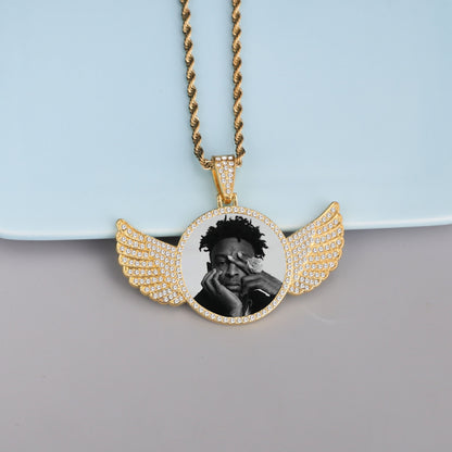 Custom-Made, Ships in 1-2 Days diamond studded hip-hop memory angel wings circular photo pendant frame necklace