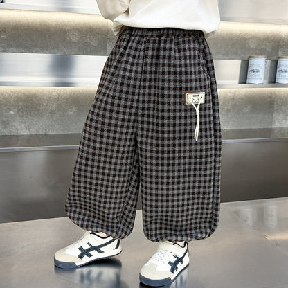 Boys Plaid Casual Tapered Long Pants Spring Autumn Checkered Trousers