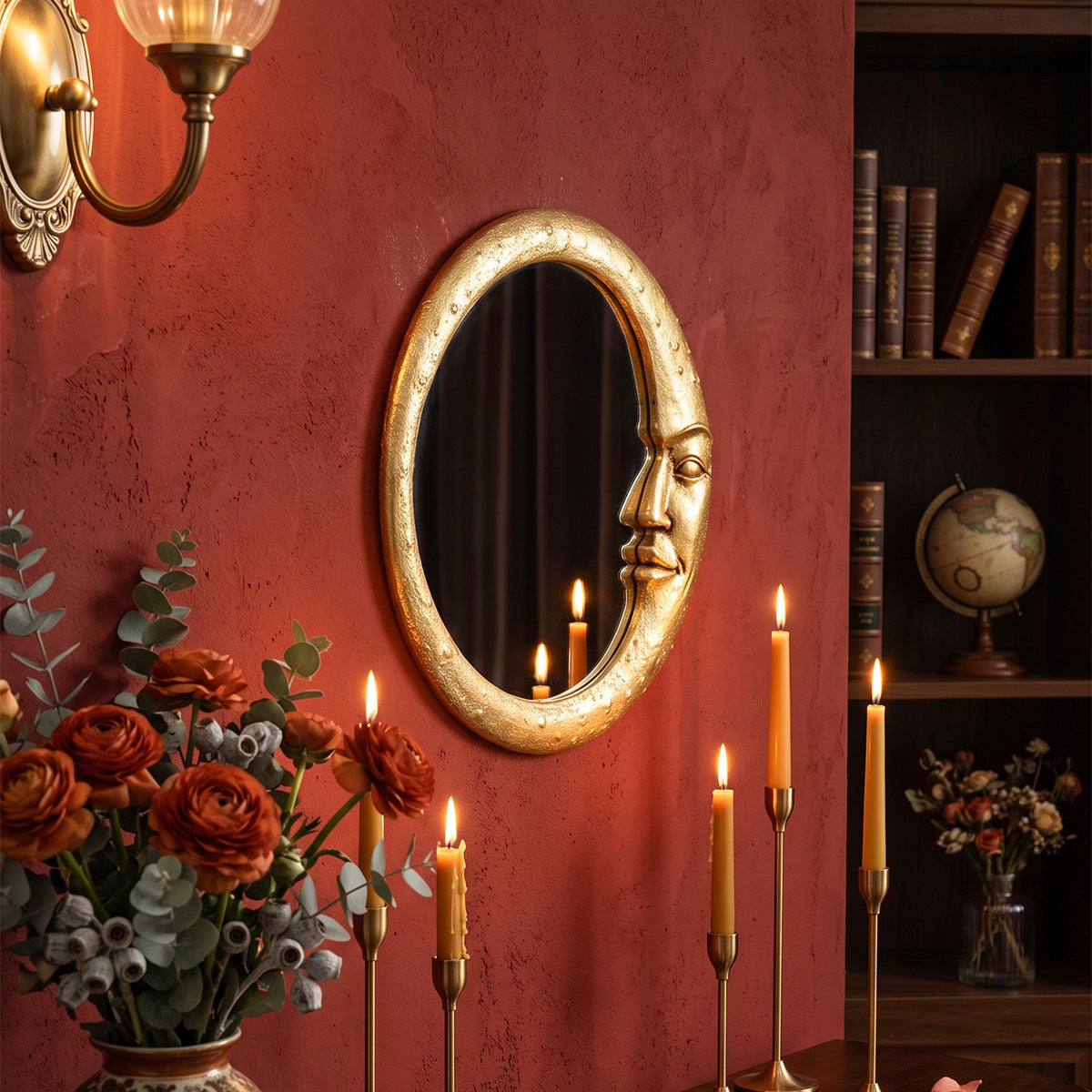 Facial crescent shaped circular decorative hanging mirror