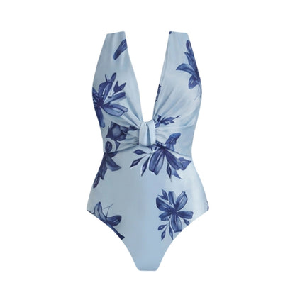 Blue and White Porcelain Pattern Knot V-Neck One-Piece Swimsuit Set for Women