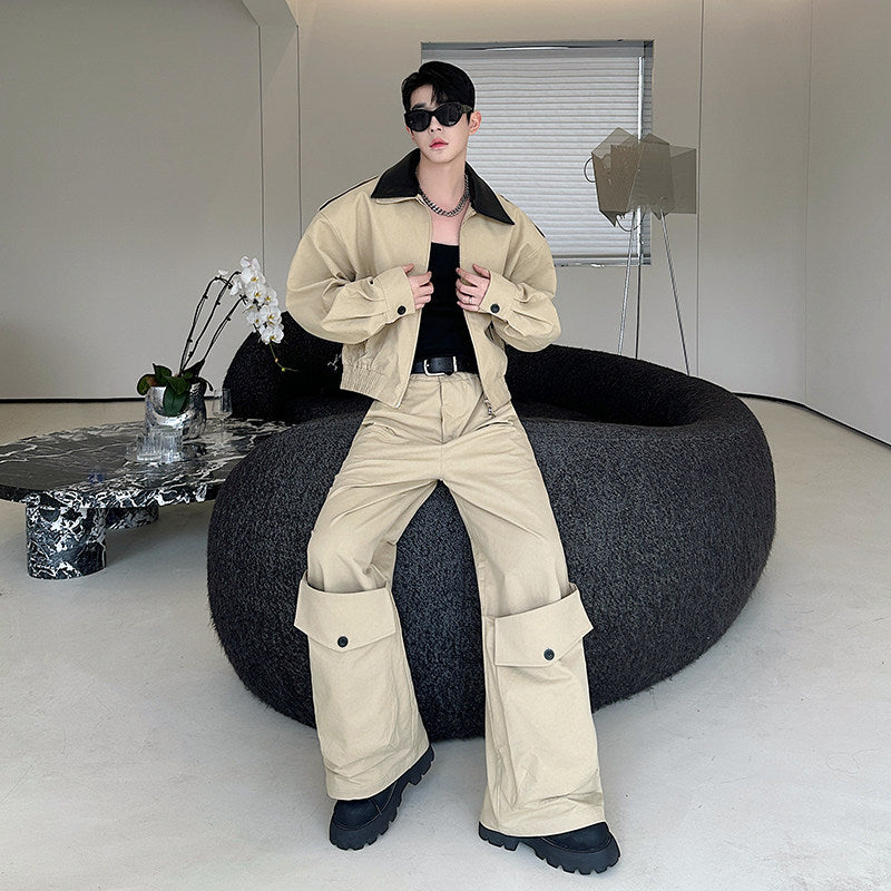 Men's Casual Cropped Collar Leather Patch Jacket &amp; Wide Leg Cargo Pants 2-Piece Set