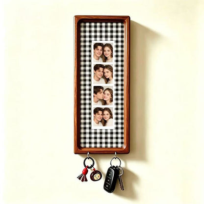 Wooden Couple Photo Frame with Key Hooks – Wall Hanging Picture Frame, Vintage Stripes Key Rack, Anniversary Gift
