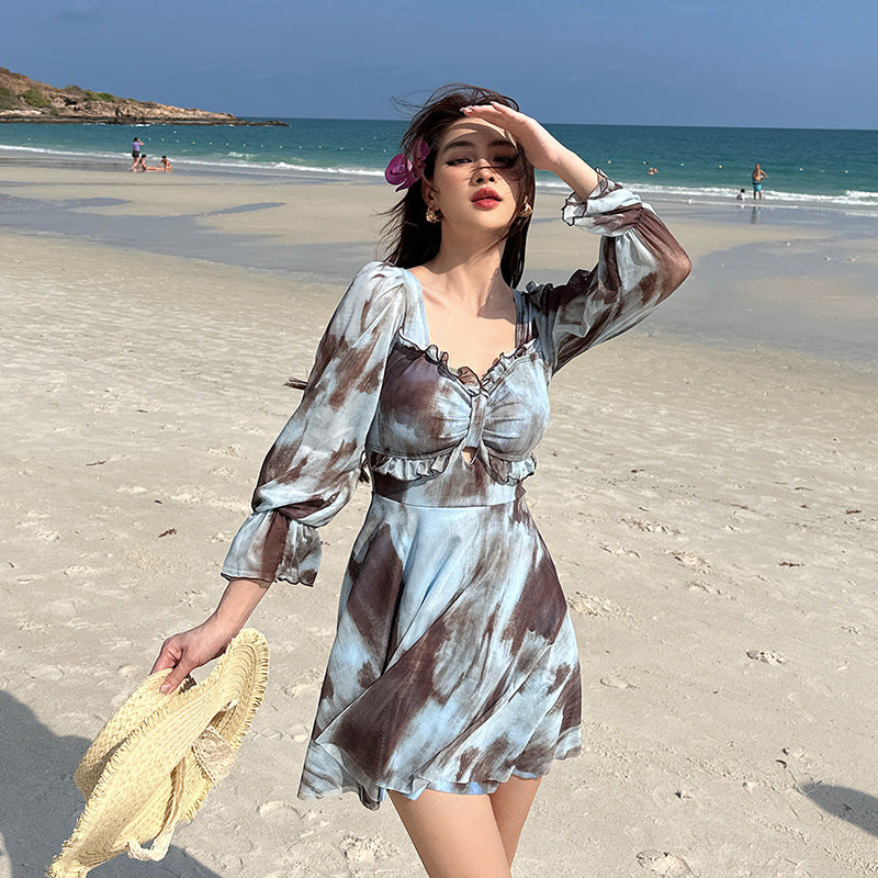 Swimwear Women Plus Size Big Bum Slimming Tummy Coverage Conservative Girl One-Piece Dress Long Sleeve Hot Spring