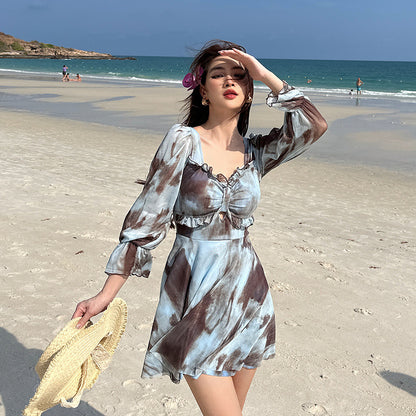 Swimwear Women Plus Size Big Bum Slimming Tummy Coverage Conservative Girl One-Piece Dress Long Sleeve Hot Spring