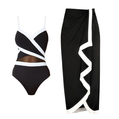 Sexy Black and White Contrast Mesh Spliced Bikini Set for Women, Cross-Over DesignStyle Swimwear