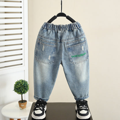 Casual Spring Autumn Boys Soft Denim Elastic Waist Casual Pants
