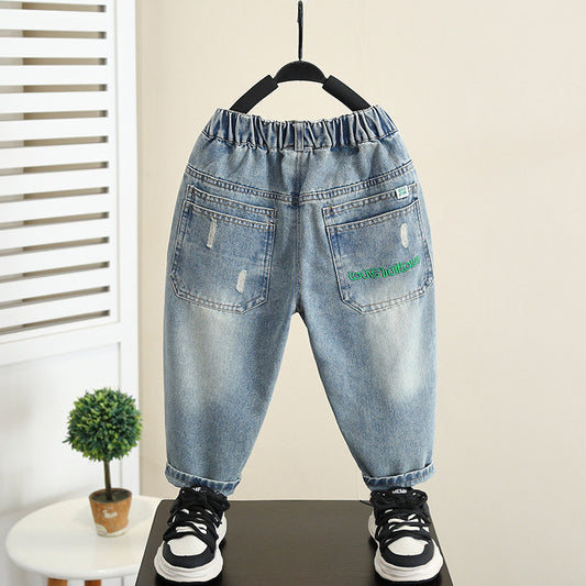 Casual Spring Autumn Boys Soft Denim Elastic Waist Casual Pants