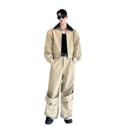 Men's Casual Cropped Collar Leather Patch Jacket &amp; Wide Leg Cargo Pants 2-Piece Set