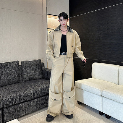 Men's Casual Cropped Collar Leather Patch Jacket &amp; Wide Leg Cargo Pants 2-Piece Set