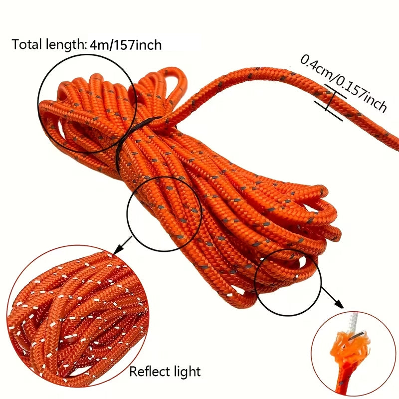 4M 6Pcs Reflective Tent Rope Set – Camping Guy Lines with Tension Buckles, Ratchet Hangers & Awning Tie-Downs, Outdoor