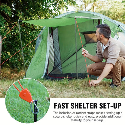 4M 6Pcs Reflective Tent Rope Set – Camping Guy Lines with Tension Buckles, Ratchet Hangers & Awning Tie-Downs, Outdoor