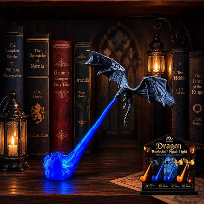 3D Dragon Bookshelf Light with Fire – LED Flying Dragon Bookend, Corner Lamp, Unique Gift for Book Lovers & Halloween Decor