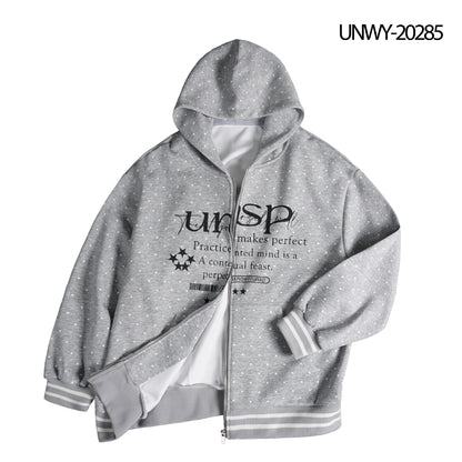 Polka Dot Striped Letter Star Print Hooded Zip-Up Loose Casual Streetwear Cardigan Jacket