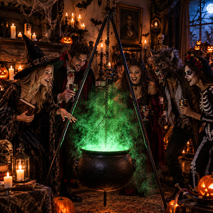 Halloween Black Witches Cauldron with Skeletons on Tripod – Outdoor Horror House Scary Prop, Home Halloween Decoration