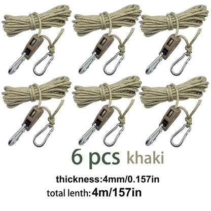 4M 6Pcs Reflective Tent Rope Set – Camping Guy Lines with Tension Buckles, Ratchet Hangers & Awning Tie-Downs, Outdoor