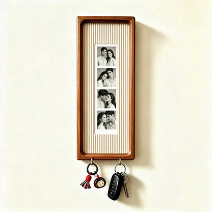 Wooden Couple Photo Frame with Key Hooks – Wall Hanging Picture Frame, Vintage Stripes Key Rack, Anniversary Gift